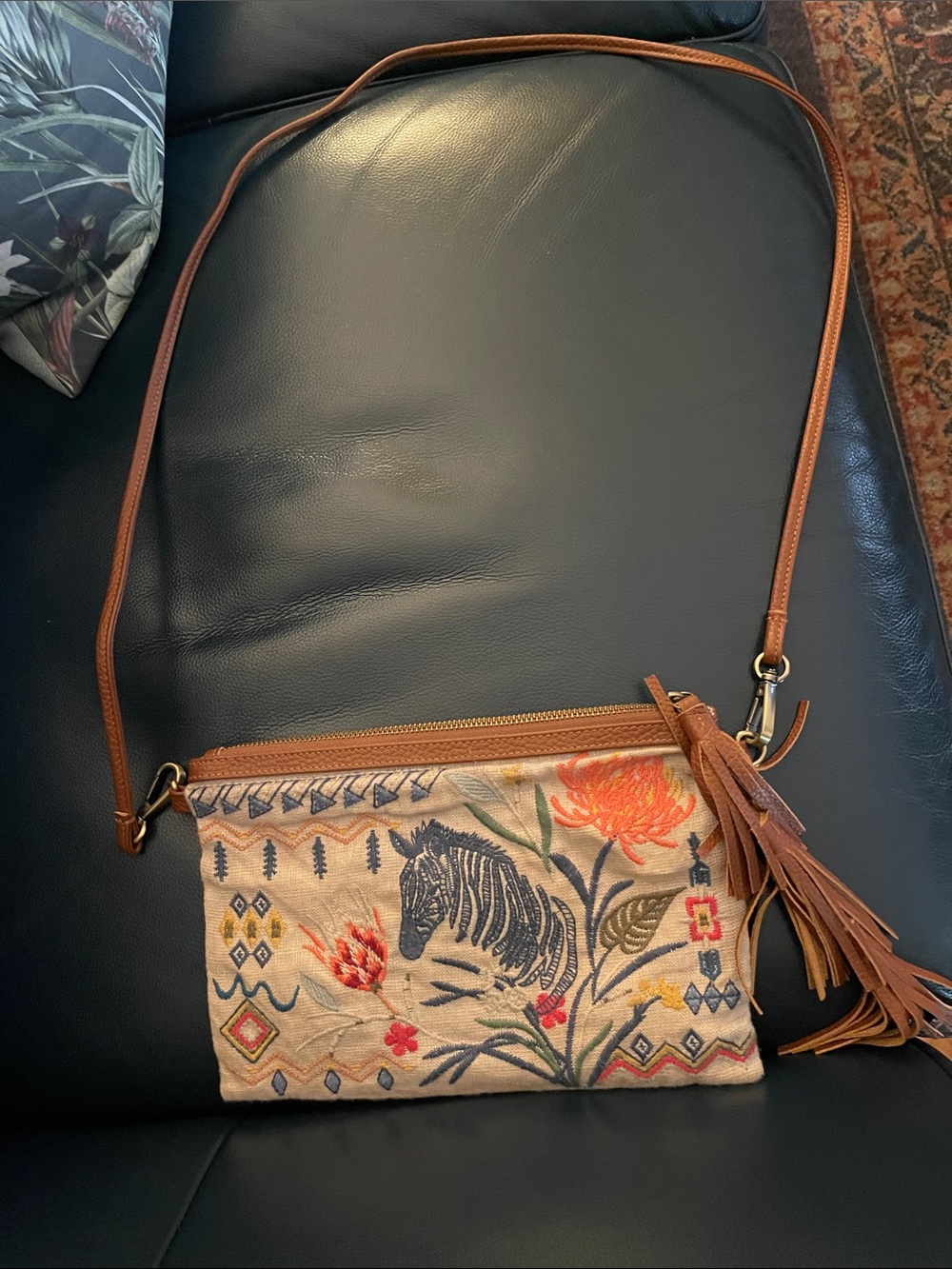 Johnny Was Embroidered Zebra Crossbody in Tan and Multicolor
